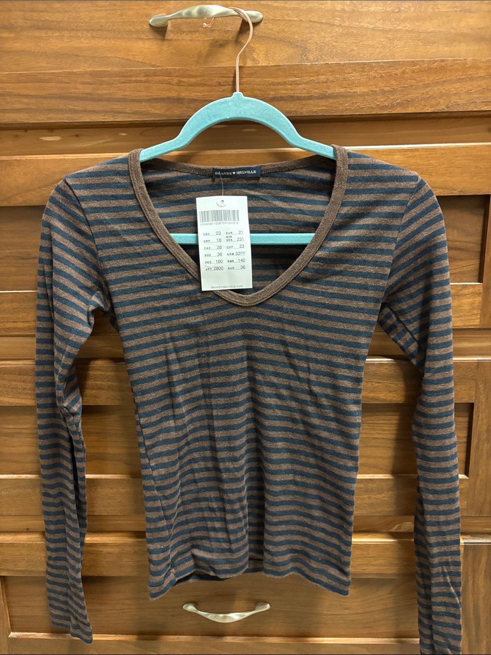 Brandy Melville NWT Striped V-Neck Long Sleeve Top in Blue and Brown